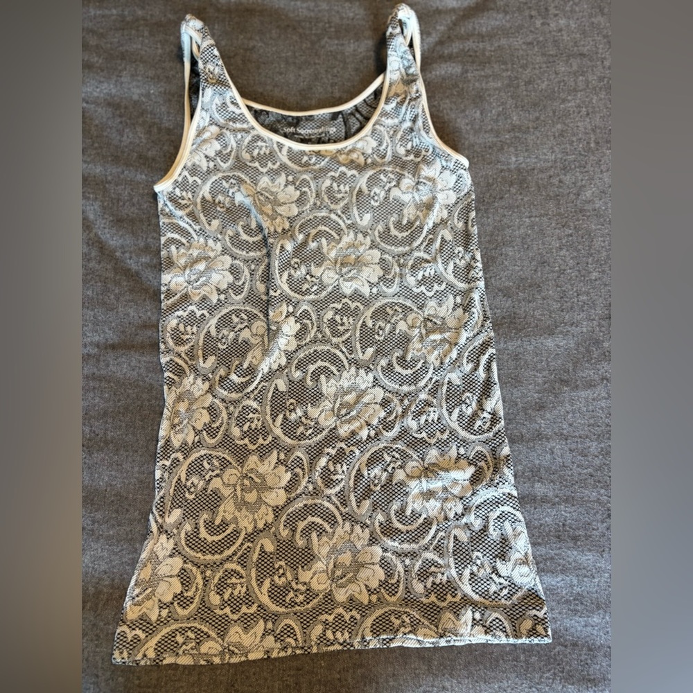 Soft Surroundings Womens OS Black White Damask Floral‎ Tank Top Stretch 9030